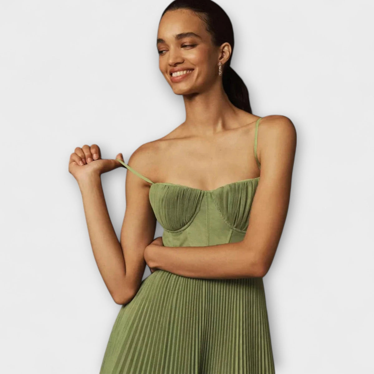 Marilyn - Robe Midi Vert Olive Bustier Plissée