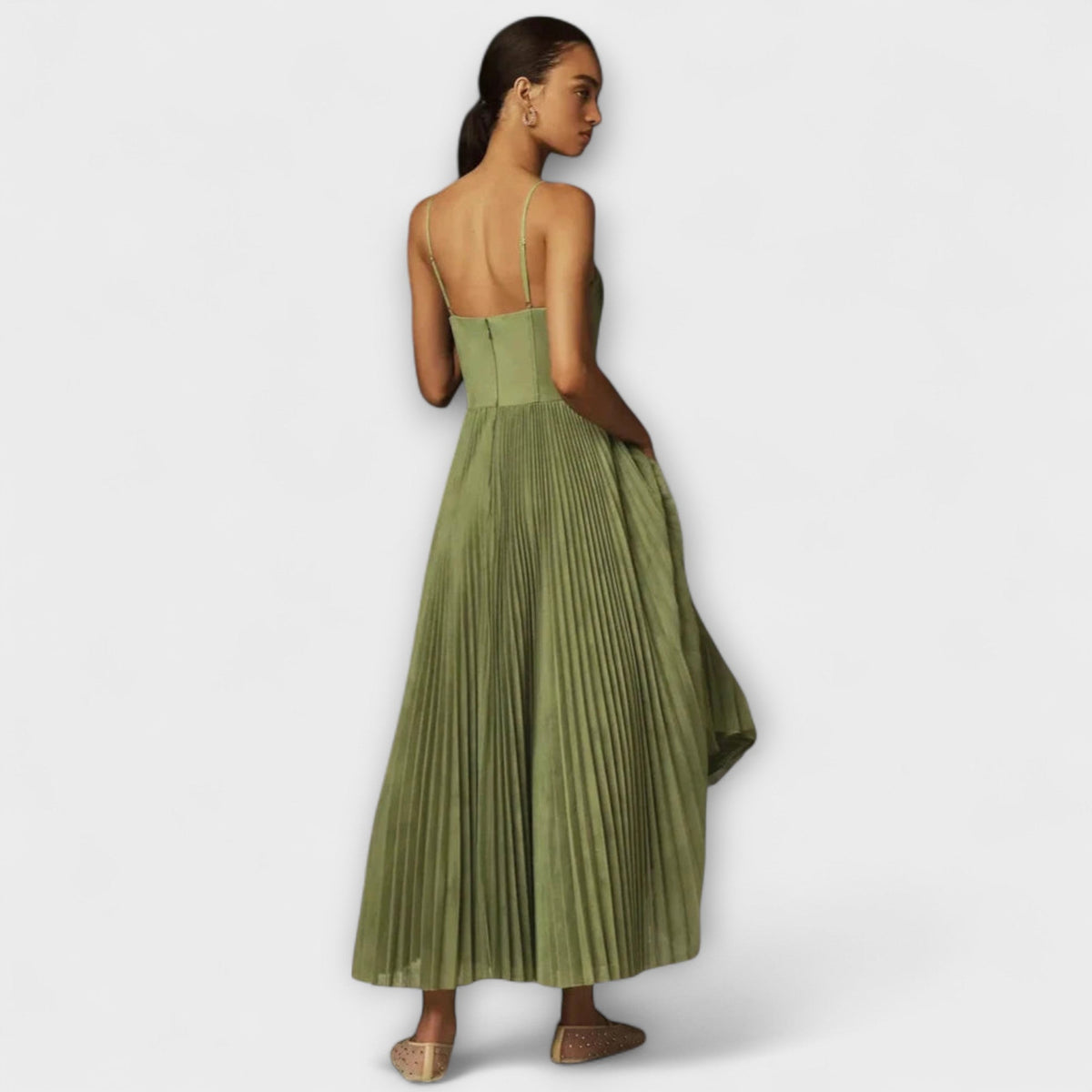 Marilyn - Robe Midi Vert Olive Bustier Plissée