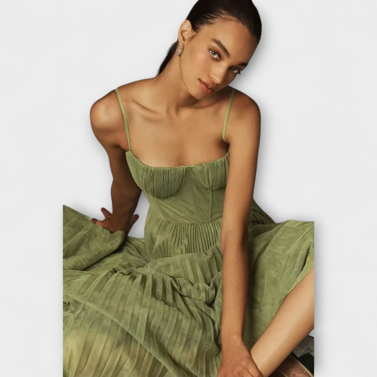 Marilyn - Robe Midi Vert Olive Bustier Plissée