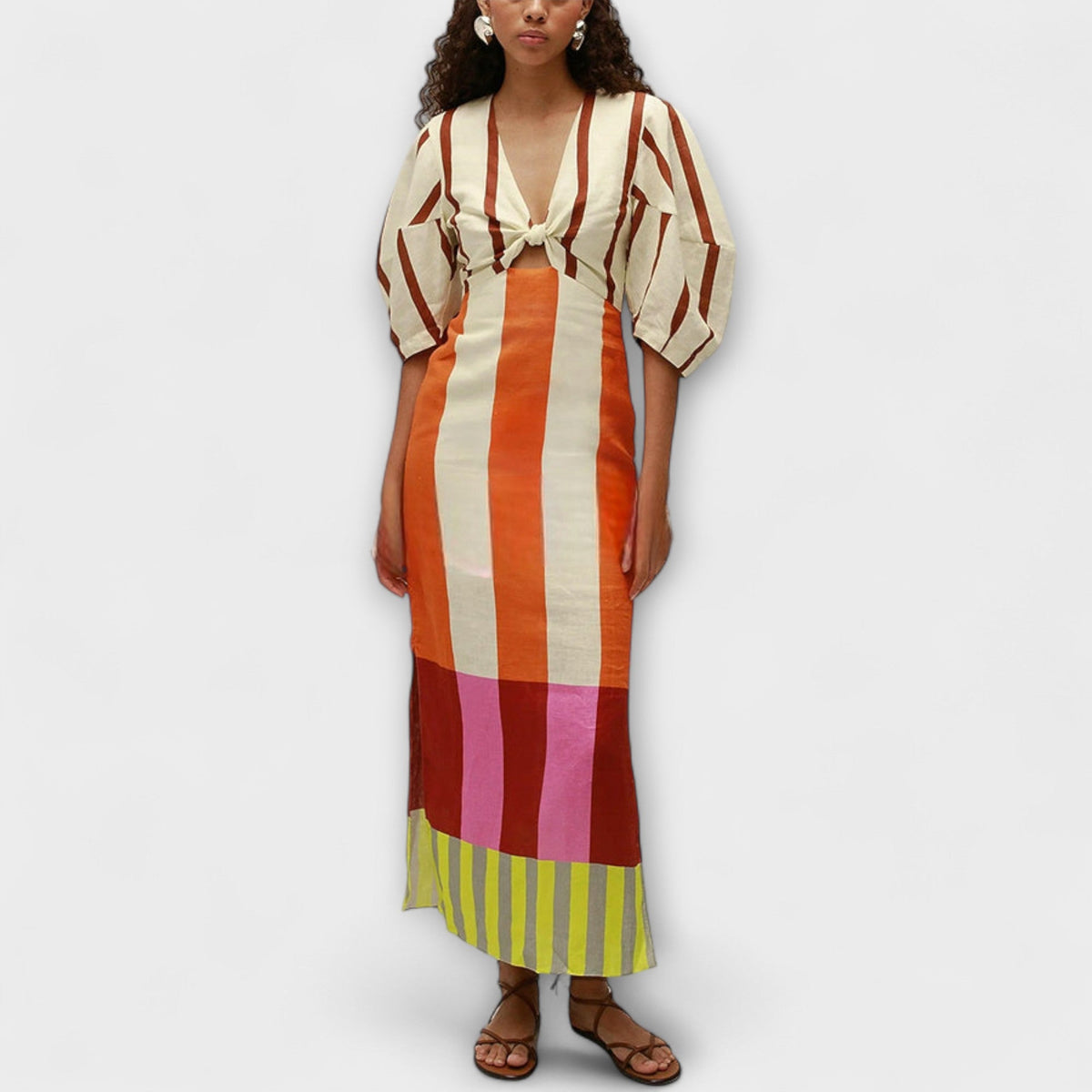 Kaya - Robe Longue Colorée Color-Block à Manches Bouffantes