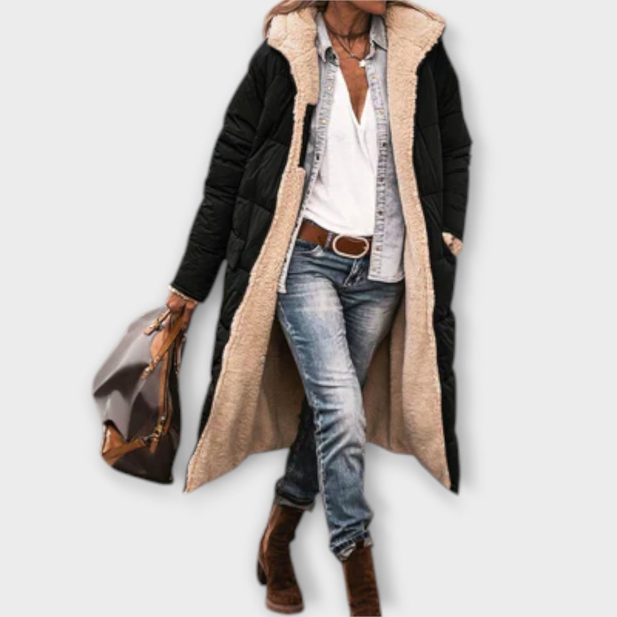 Kora - Manteau Douillet Noir Doublé Fourrure