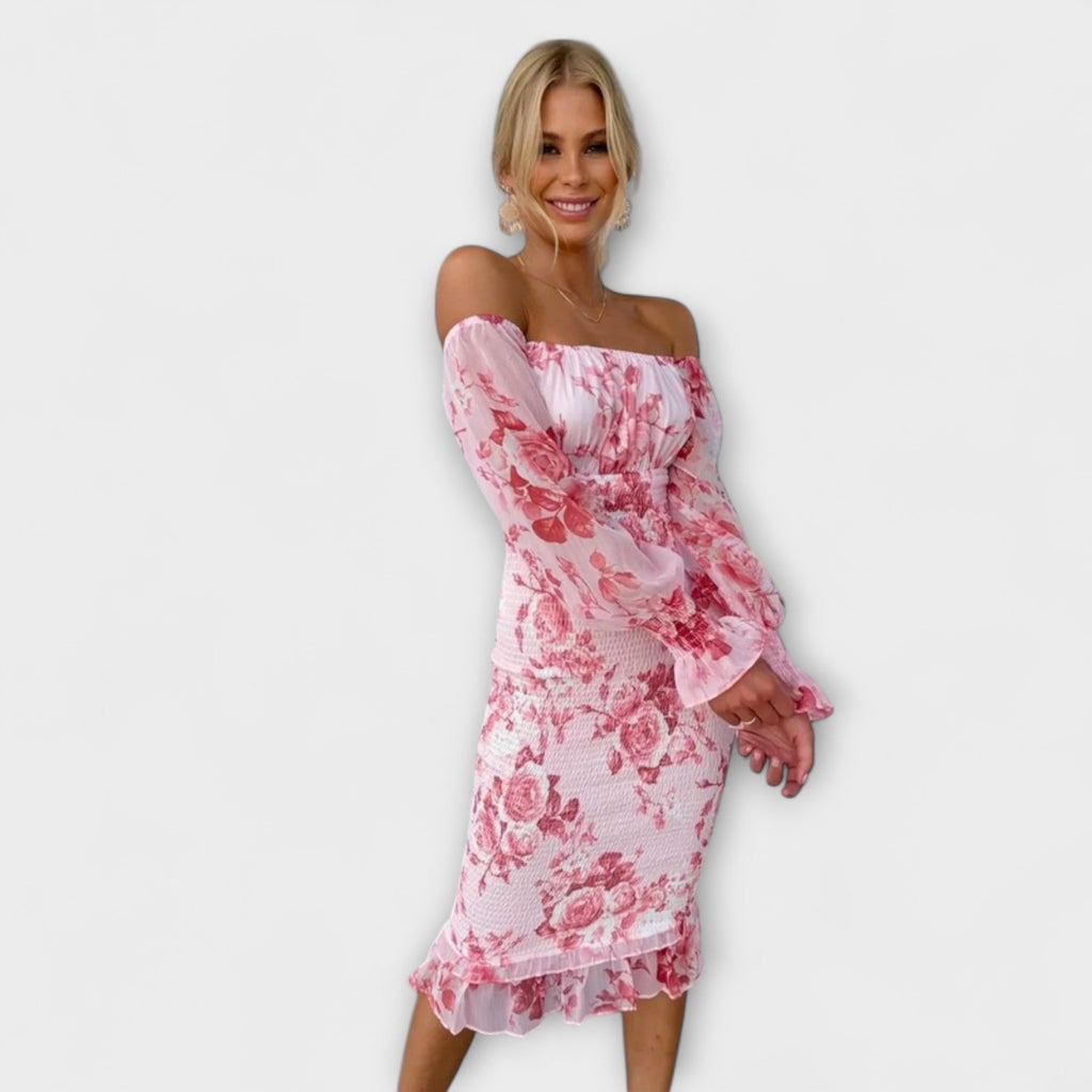 Dahlia - Robe Midi Rose Épaules Dénudées à Motif Floral