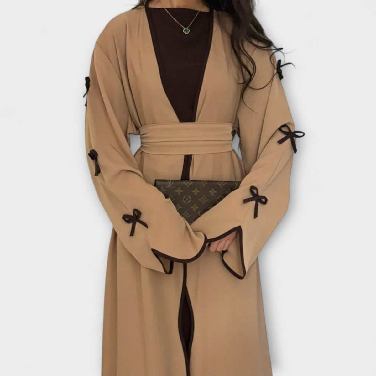 Jasmin - Duo Robe et Cardigan Beige à Nœud