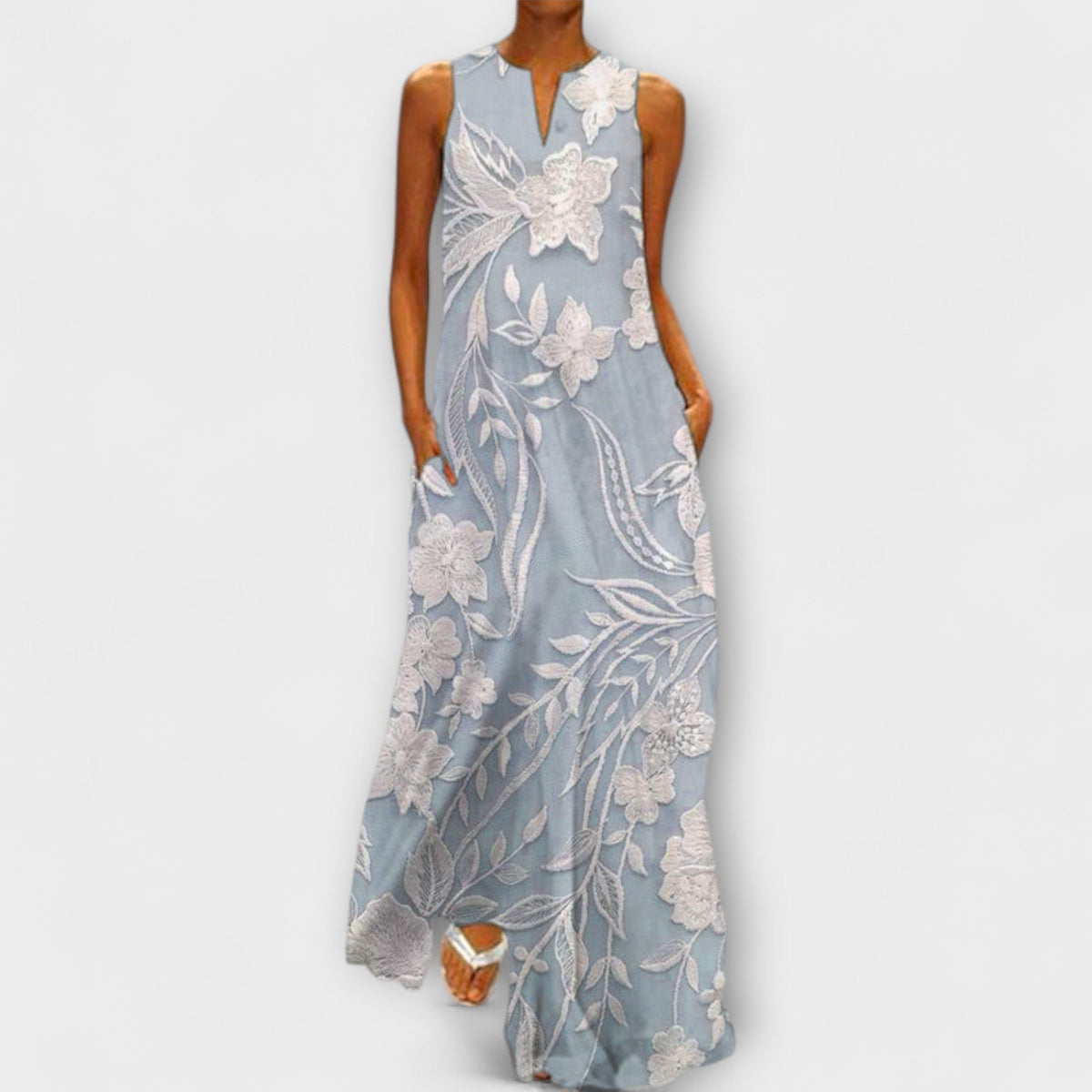 Camila - Robe Longue Blanche à Motif Botanique
