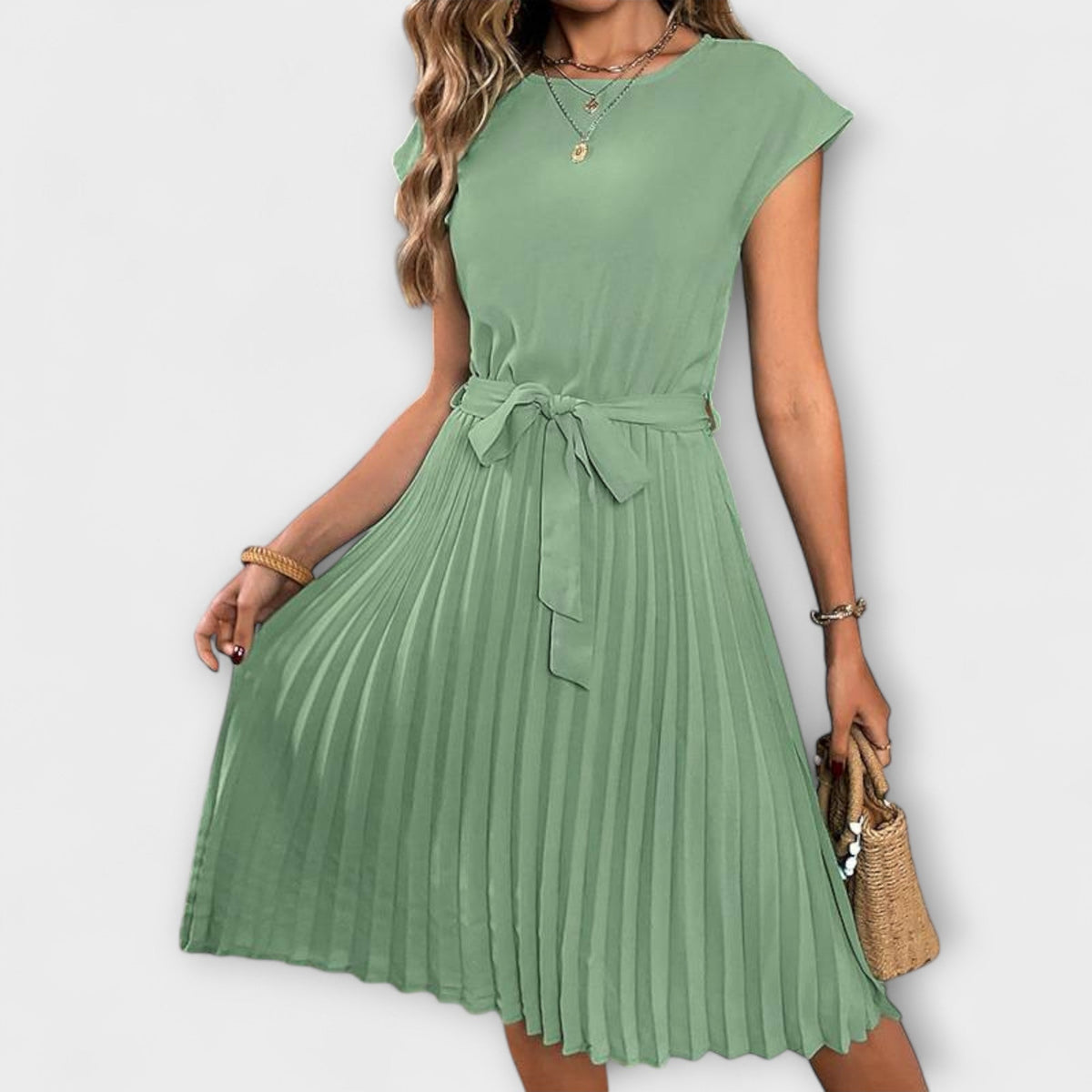 Robe Midi Élégante Vert Foncé à Ceinture