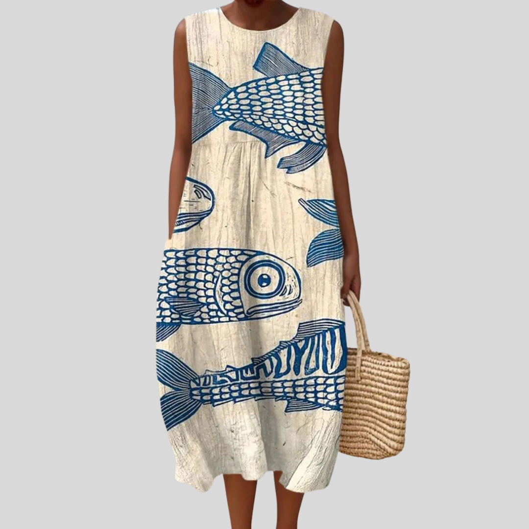 Robe Beige à Motif Poisson