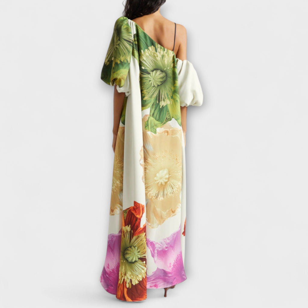 Melody - Robe Longue Blanche Épaules Dénudées à Motif Floral