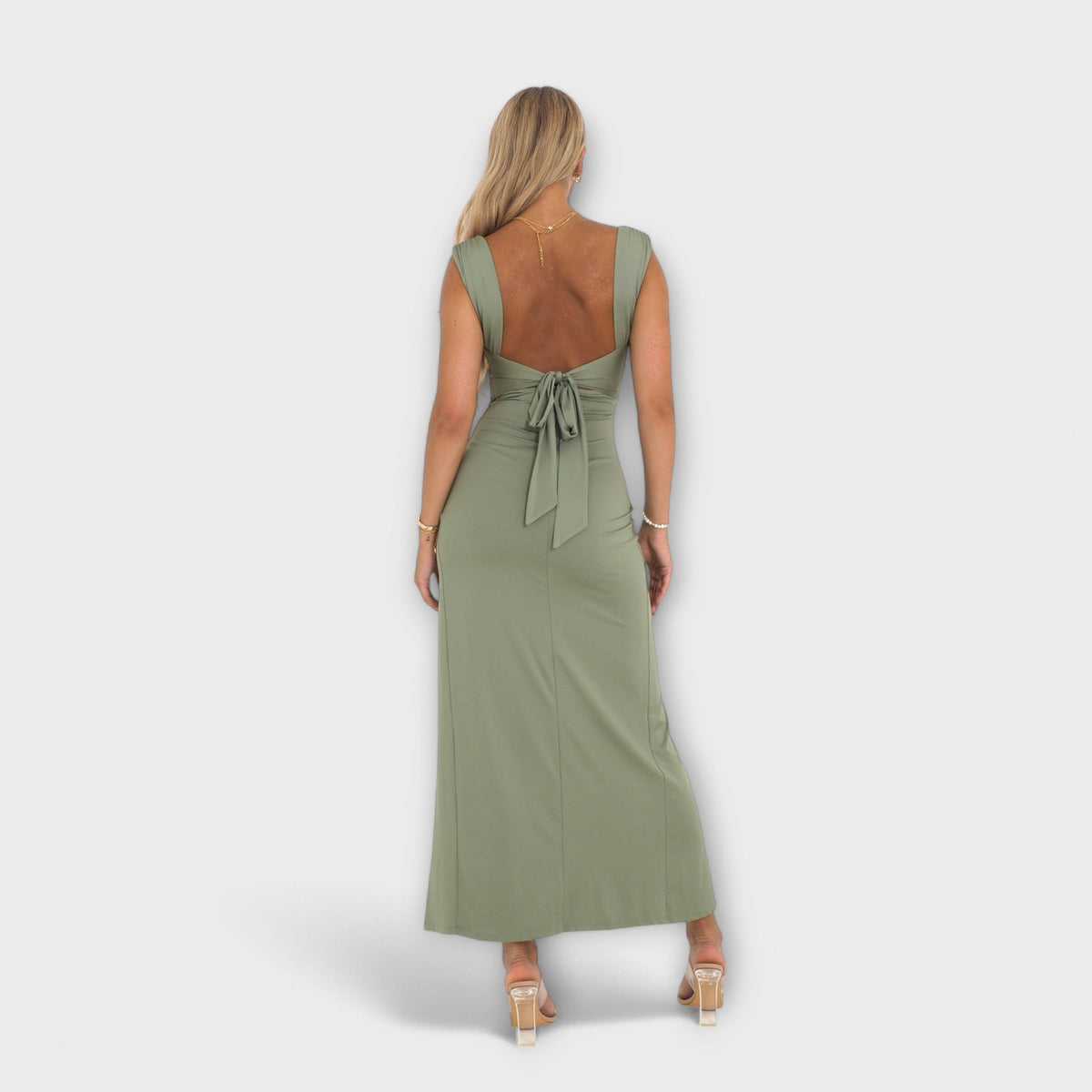 Ellie - Robe Midi Ajustée Vert Olive à Fente