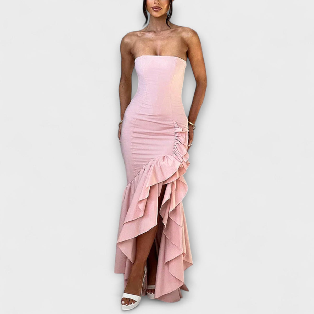 Zuri - Robe Longue Rose Épaules Dénudées à Volants