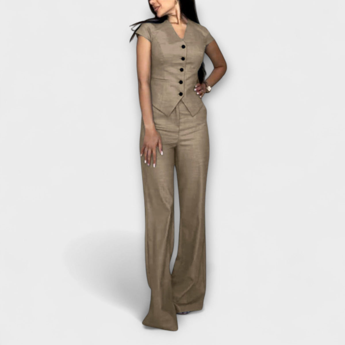 Ivy - Ensemble Bleu avec Haut Col V et Pantalon
