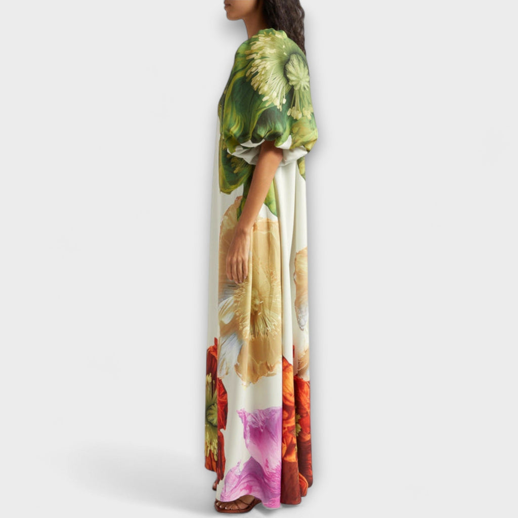 Melody - Robe Longue Blanche Épaules Dénudées à Motif Floral