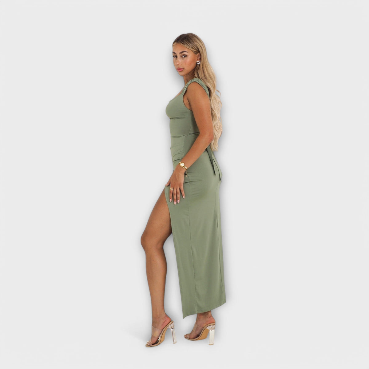 Ellie - Robe Midi Ajustée Vert Olive à Fente