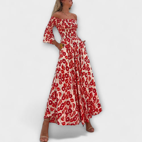 Bella - Robe Rouge Épaules Dénudées à Motif Floral