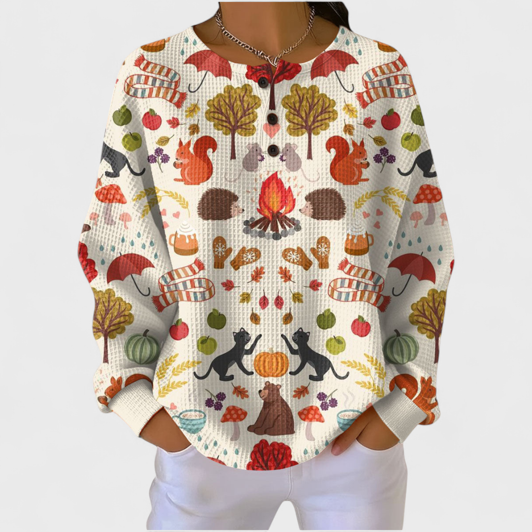Alma - Pull Crème à Motif Forêt d'Automne