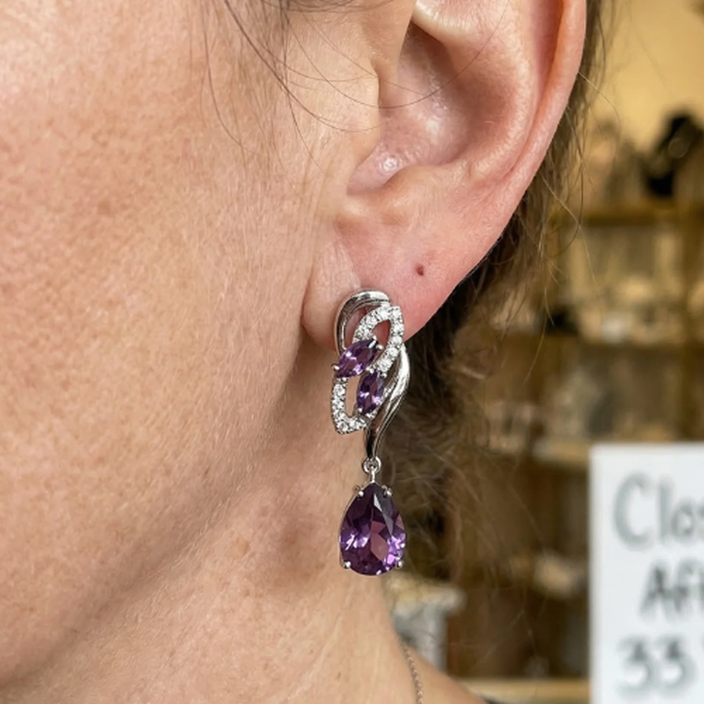 Boucles d’oreilles goutte améthyste « Reflets » | Or blanc