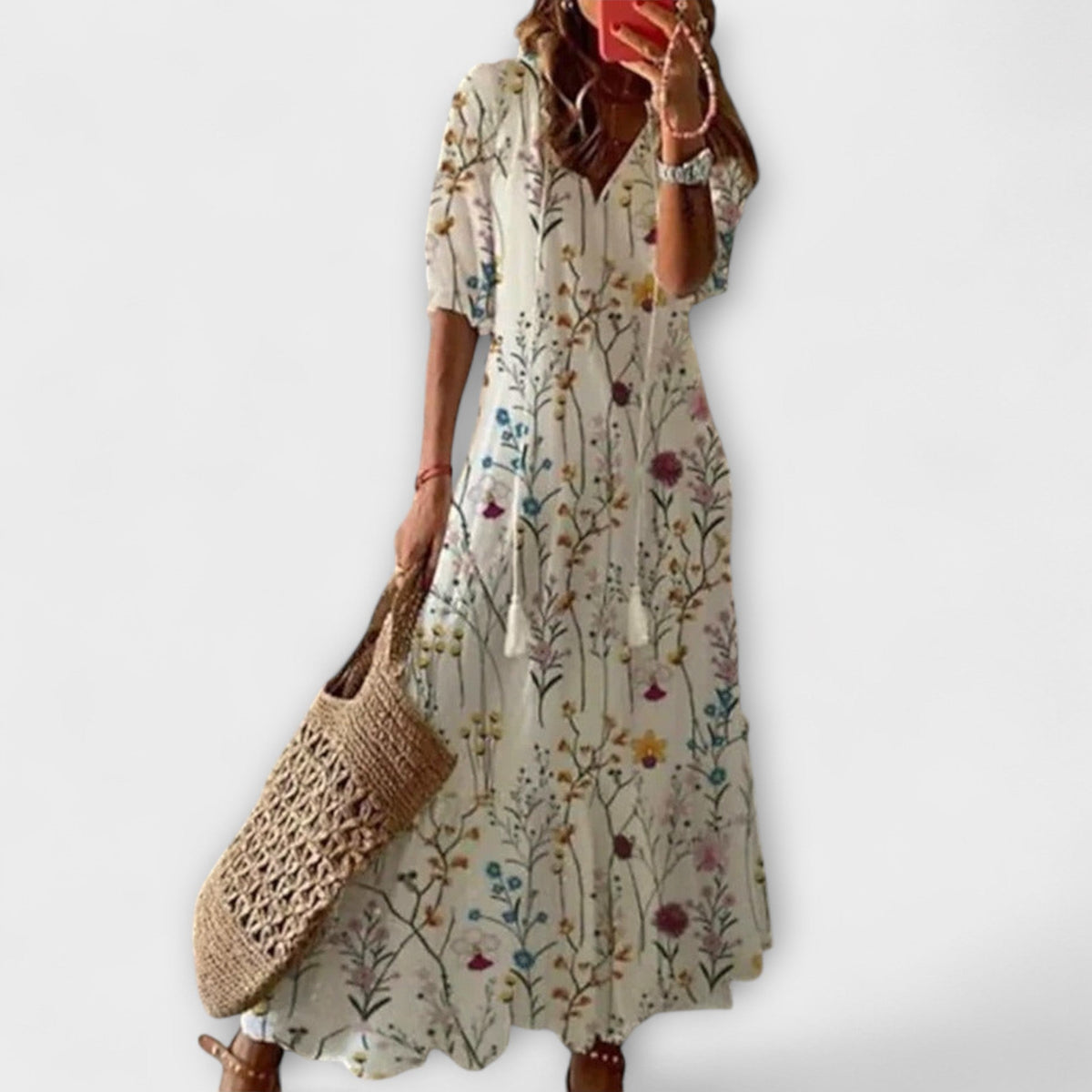 Anna - Robe d'Été Bohème Crème à Motif Floral