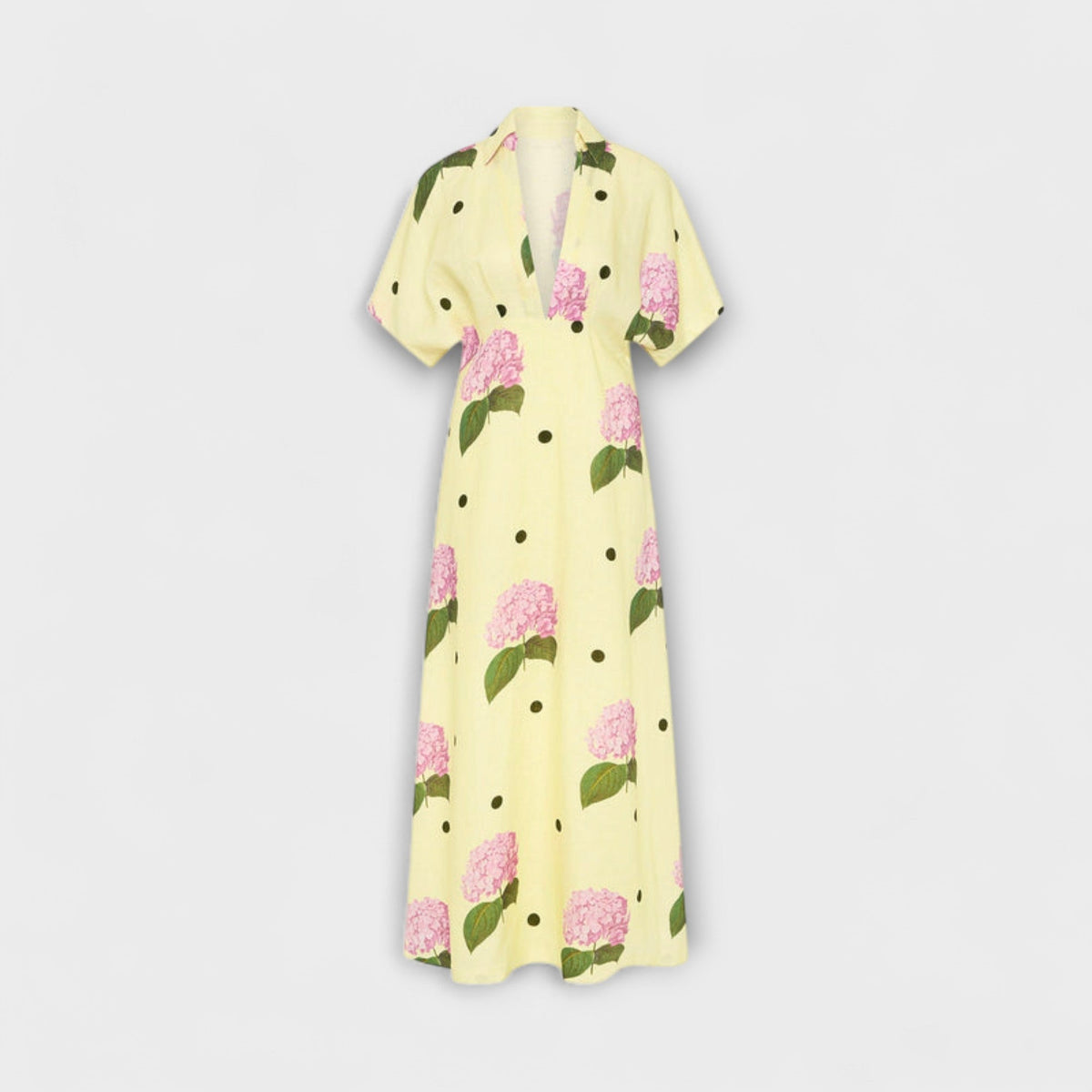 Liselotte - Robe Longue Jaune Clair à Motif Hortensia