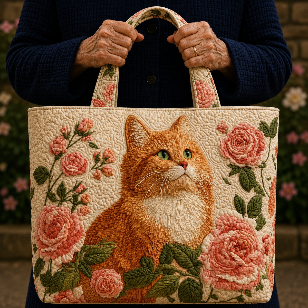 Roses et Chat Brun | Sac matelassé