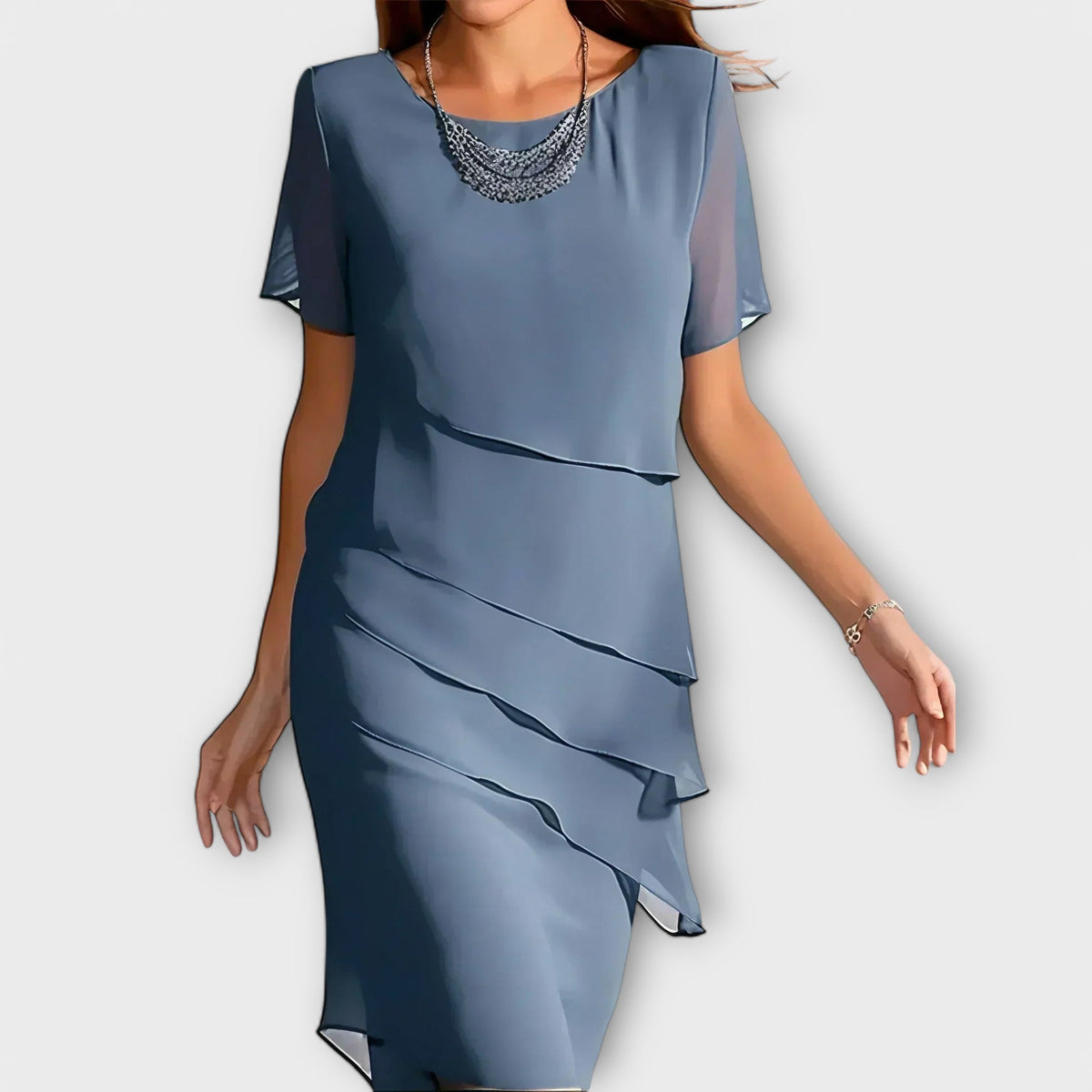 Katharina - Robe Ajustée Bleue à Ourlet Étagé
