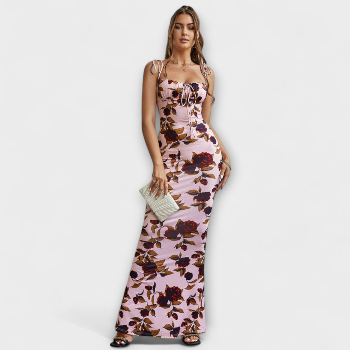 Thalia - Robe Longue Vert Foncé à Motif Floral