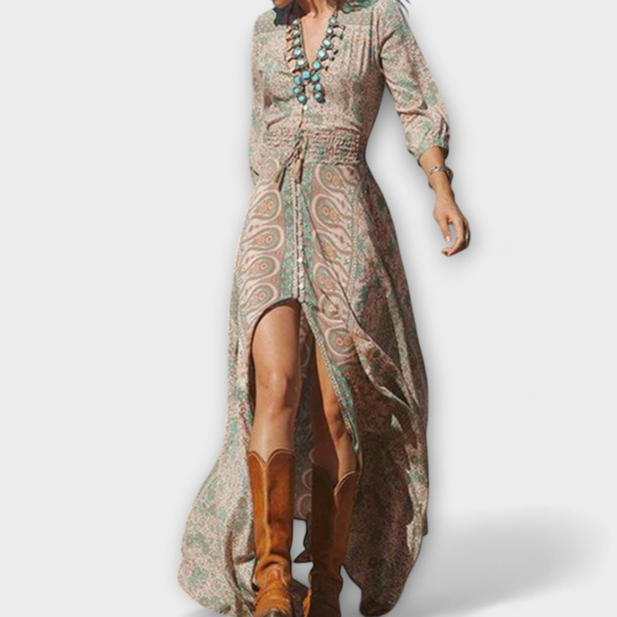Robe Longue Bohème Décontractée Marron Rayée