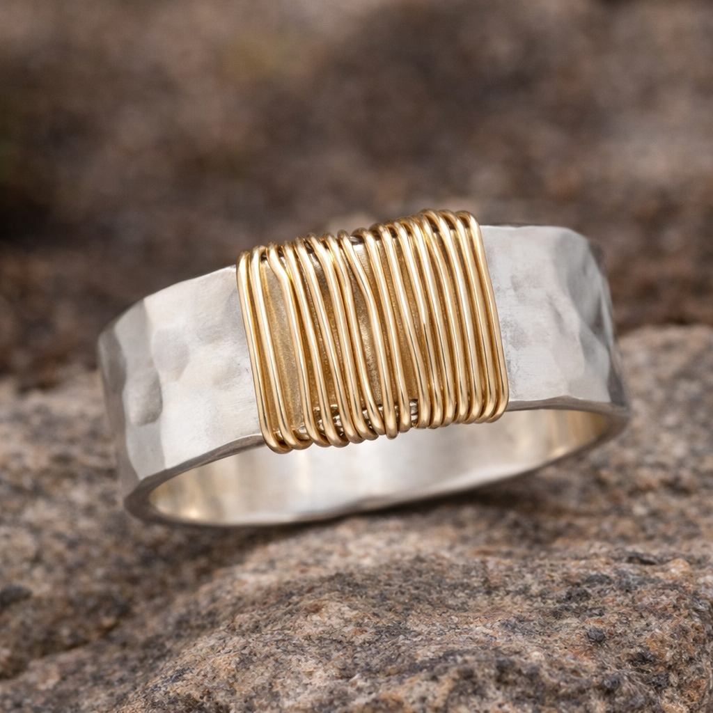 Bague bohème bicolore à fils dorés