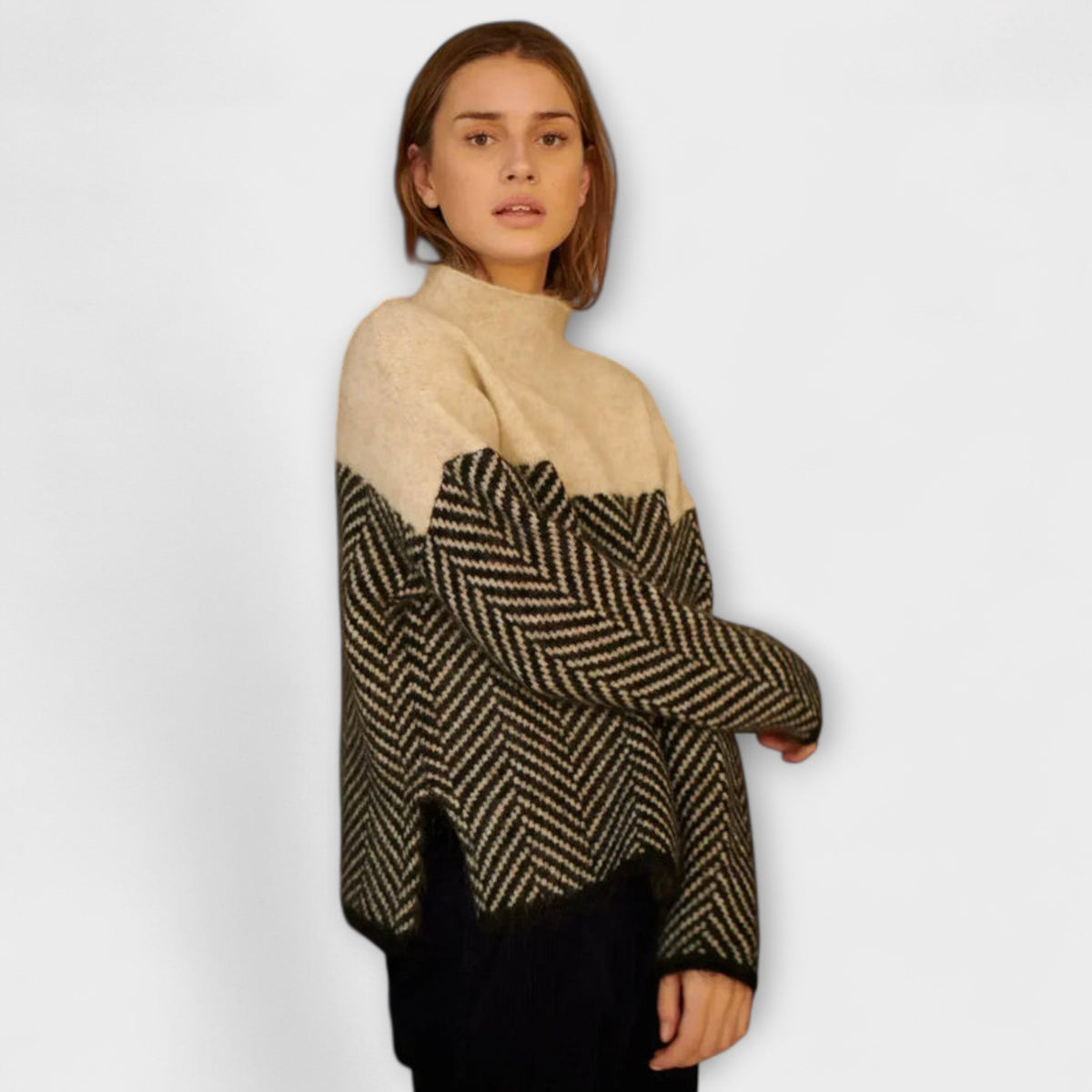 Agathe - Pull Col Roulé Marron à Chevrons