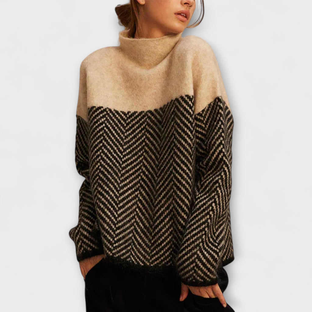 Agathe - Pull Col Roulé Marron à Chevrons