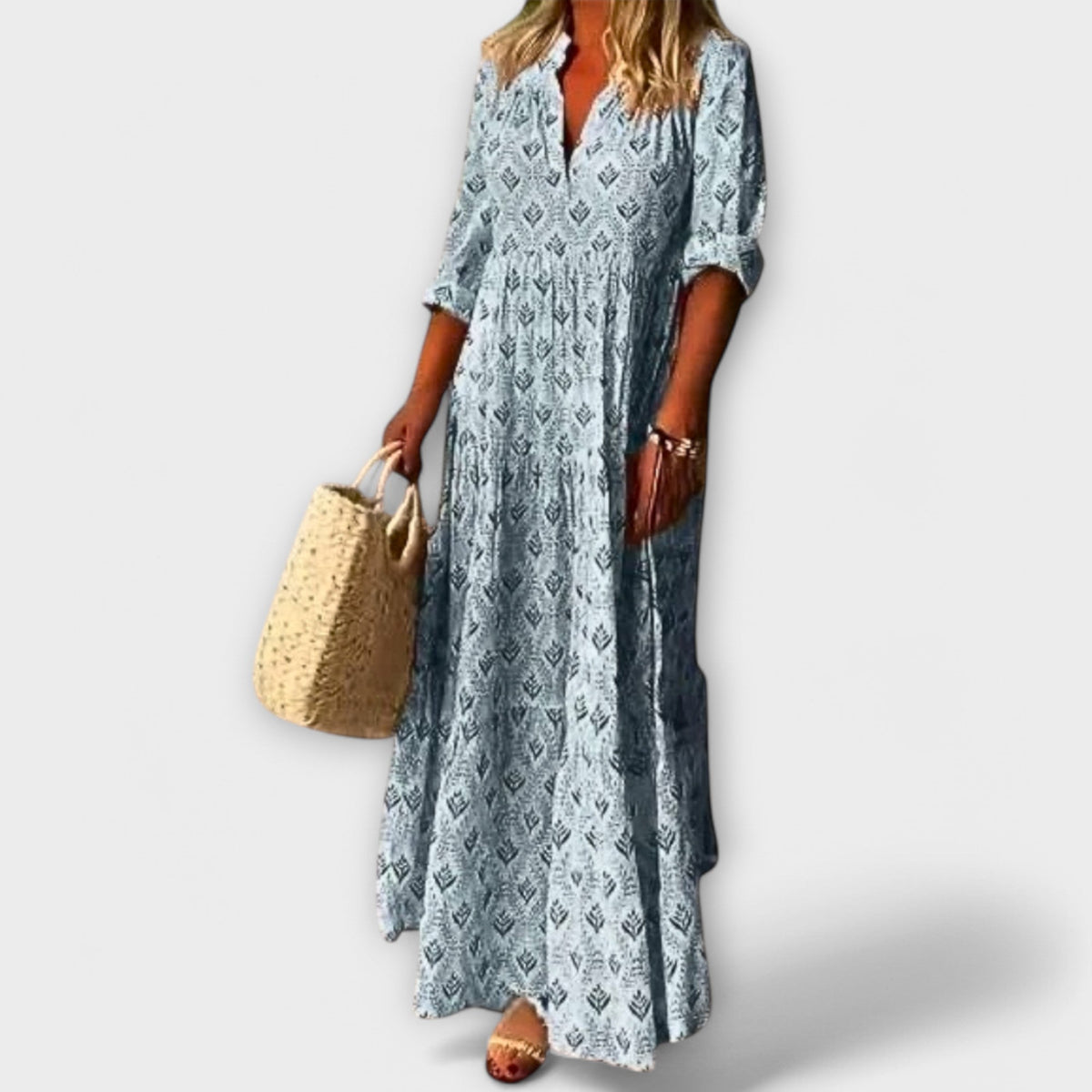 Sera - Robe Longue de Printemps Crème Imprimée