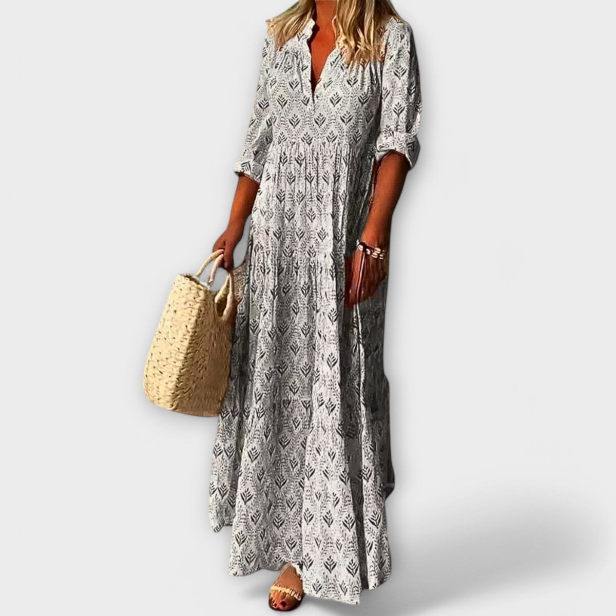 Sera - Robe Longue de Printemps Crème Imprimée