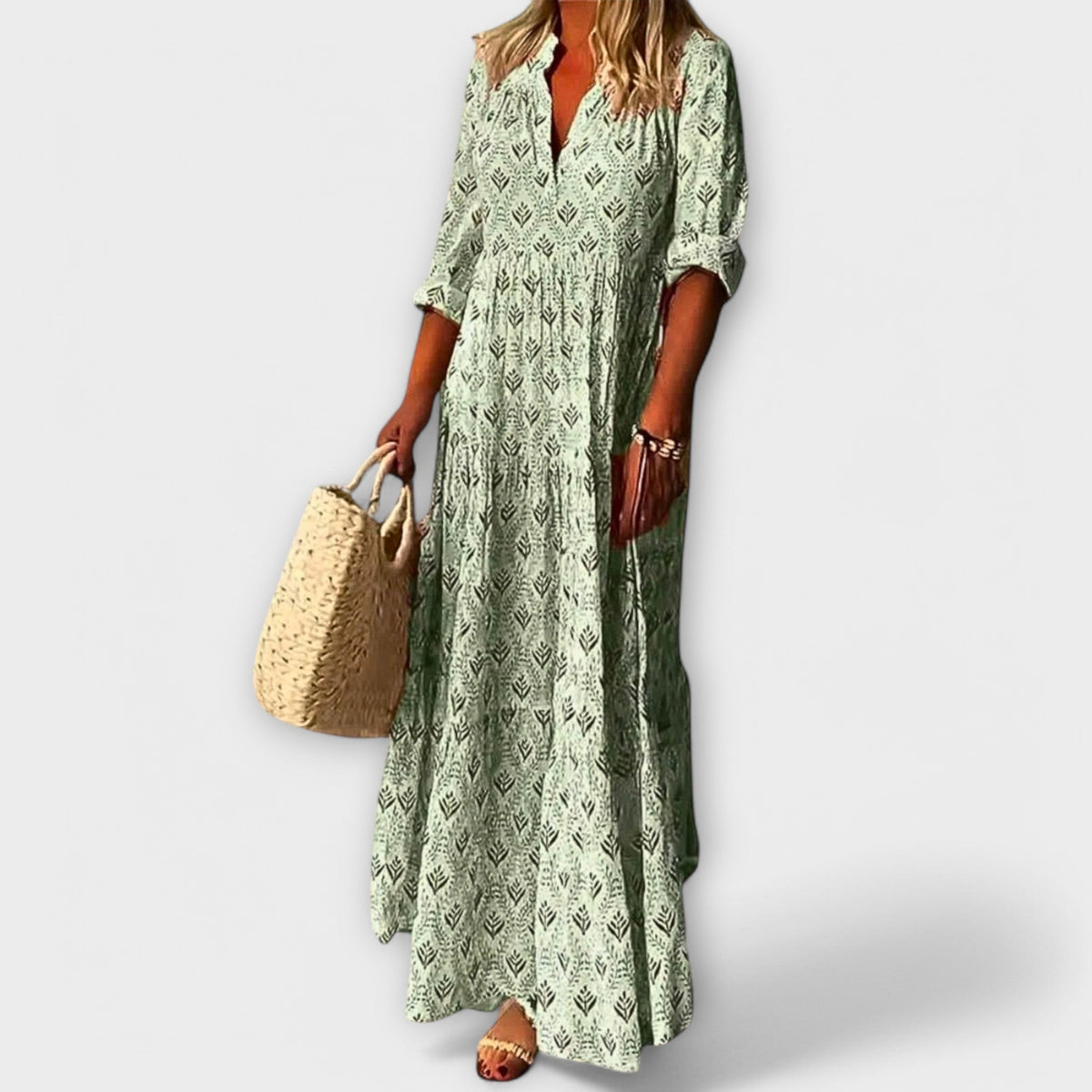 Sera - Robe Longue de Printemps Crème Imprimée
