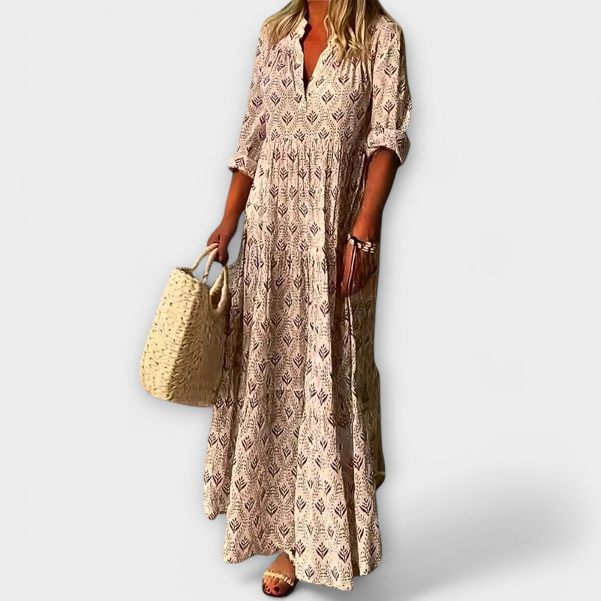 Sera - Robe Longue de Printemps Crème Imprimée