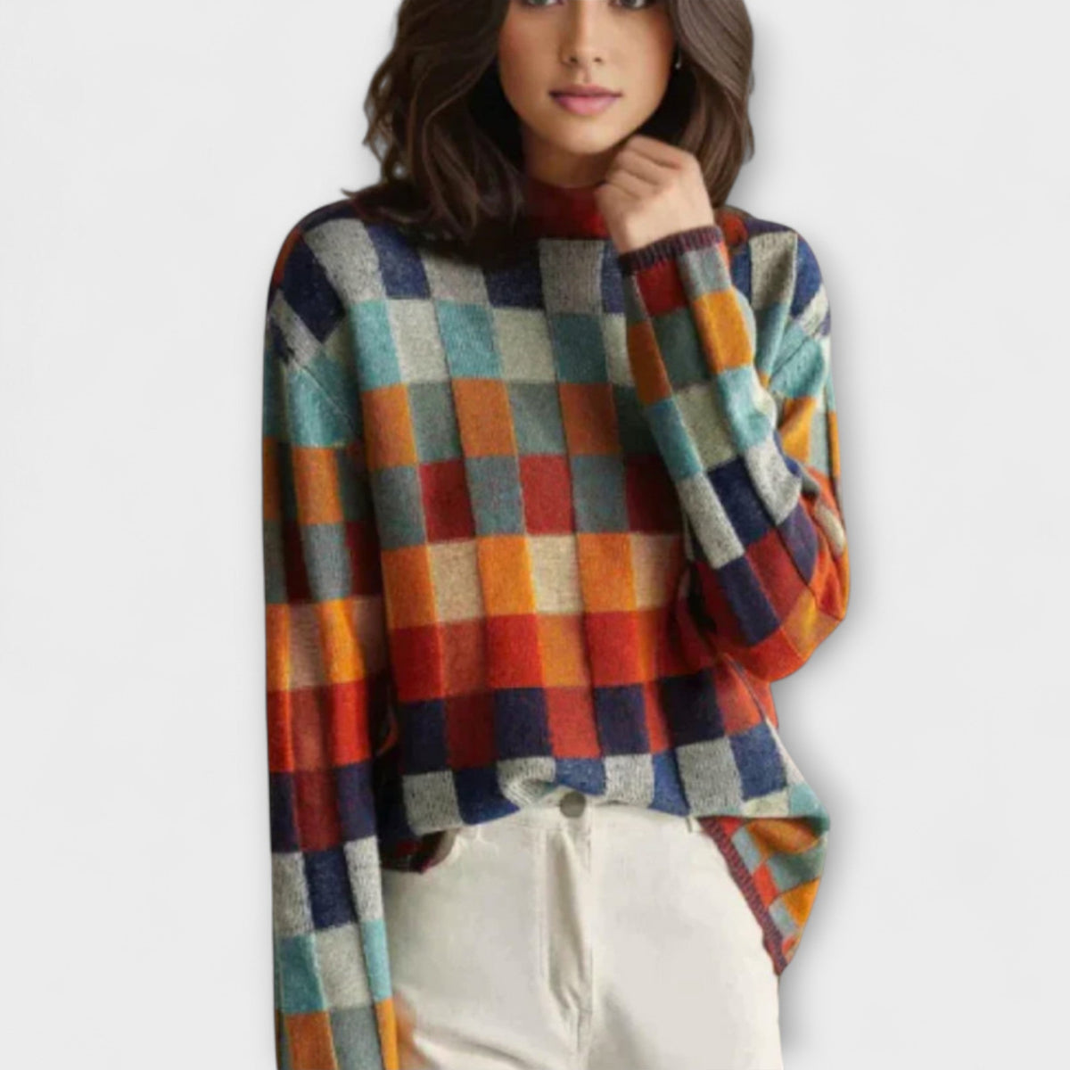 Ursula - Pull Col Roulé Coloré à Carreaux