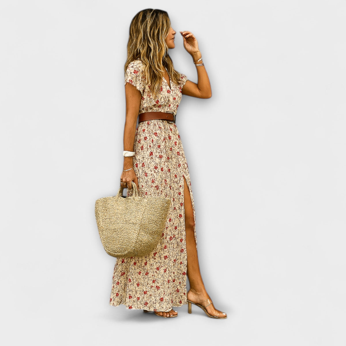 Sybella - Robe Longue Bohème Beige à Petites Fleurs