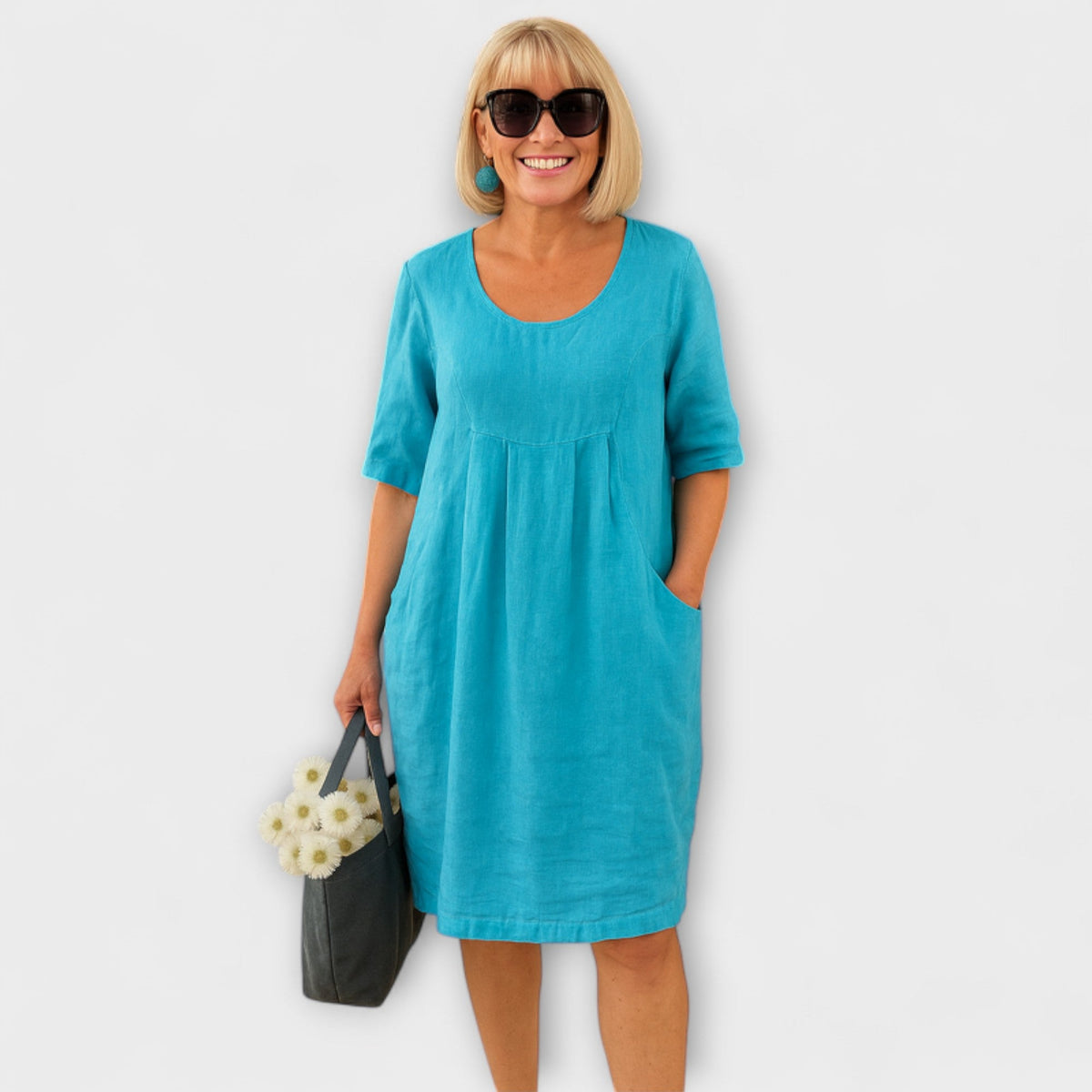 Marley - Robe en Lin Turquoise à Poches