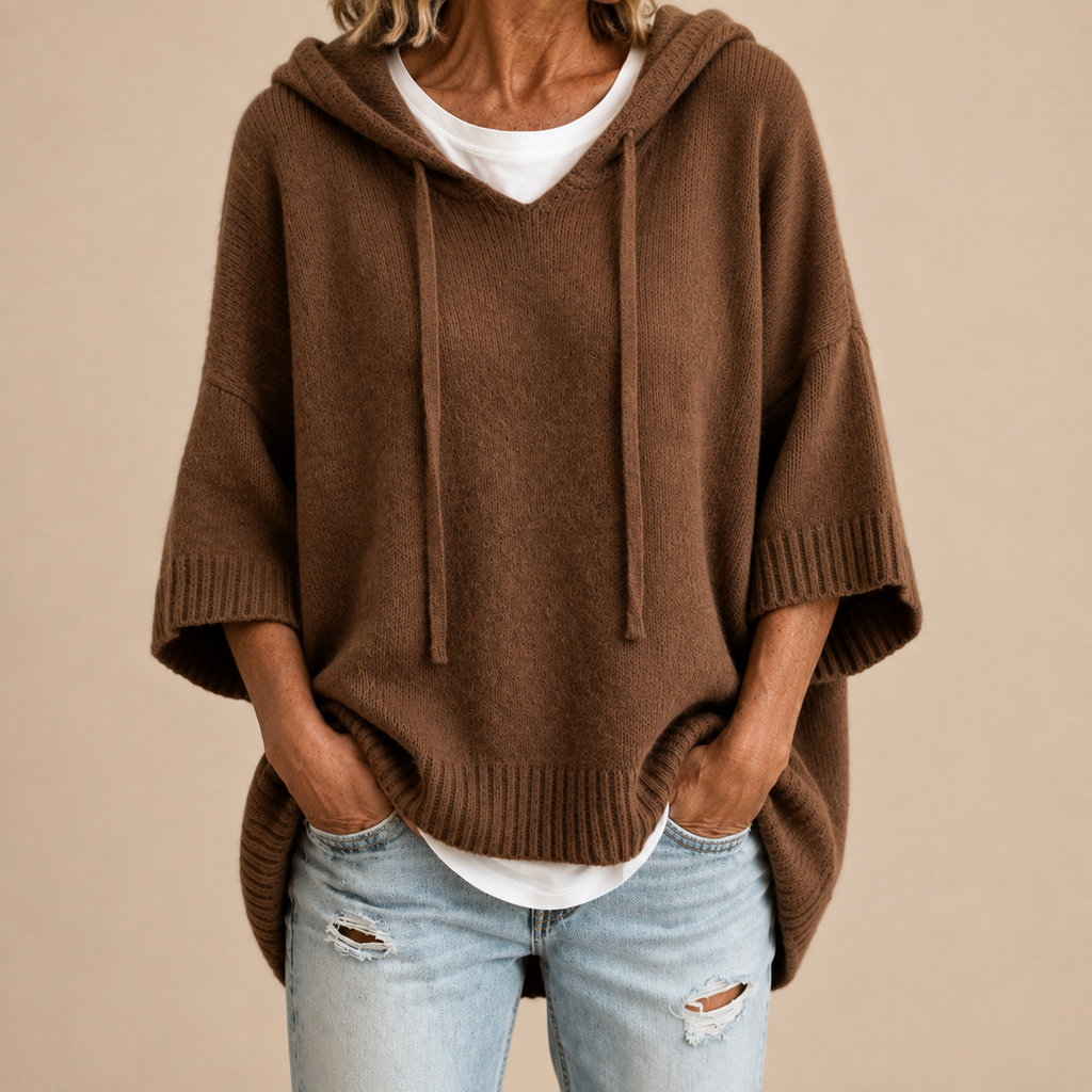 Poncho en maille à capuche brun