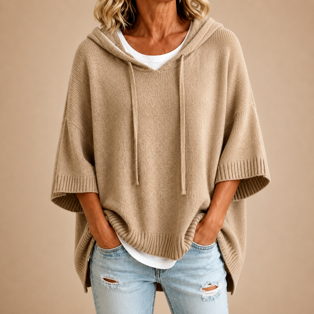 Poncho en maille à capuche kaki