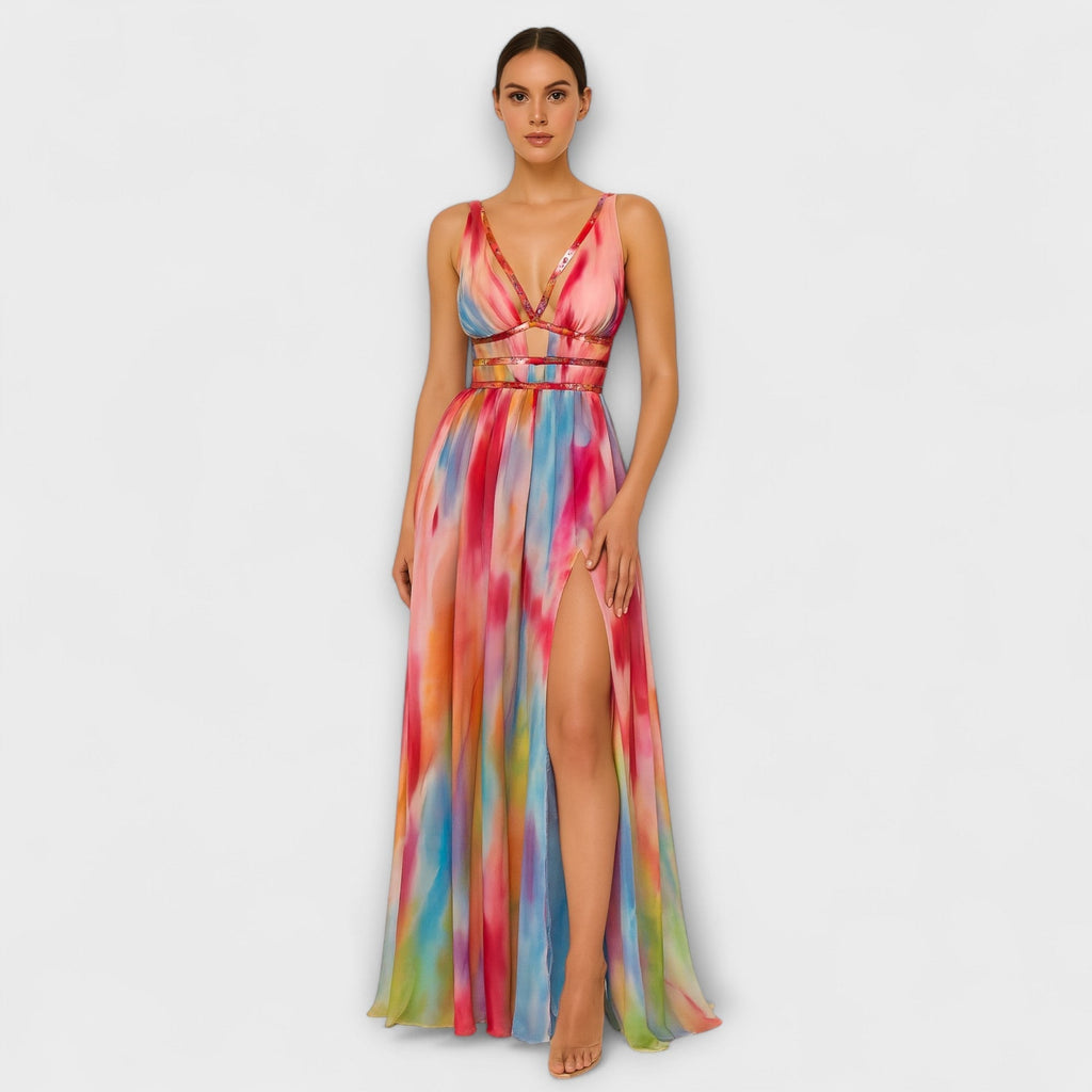 Freya - Robe Longue Colorée à Motif Aquarelle