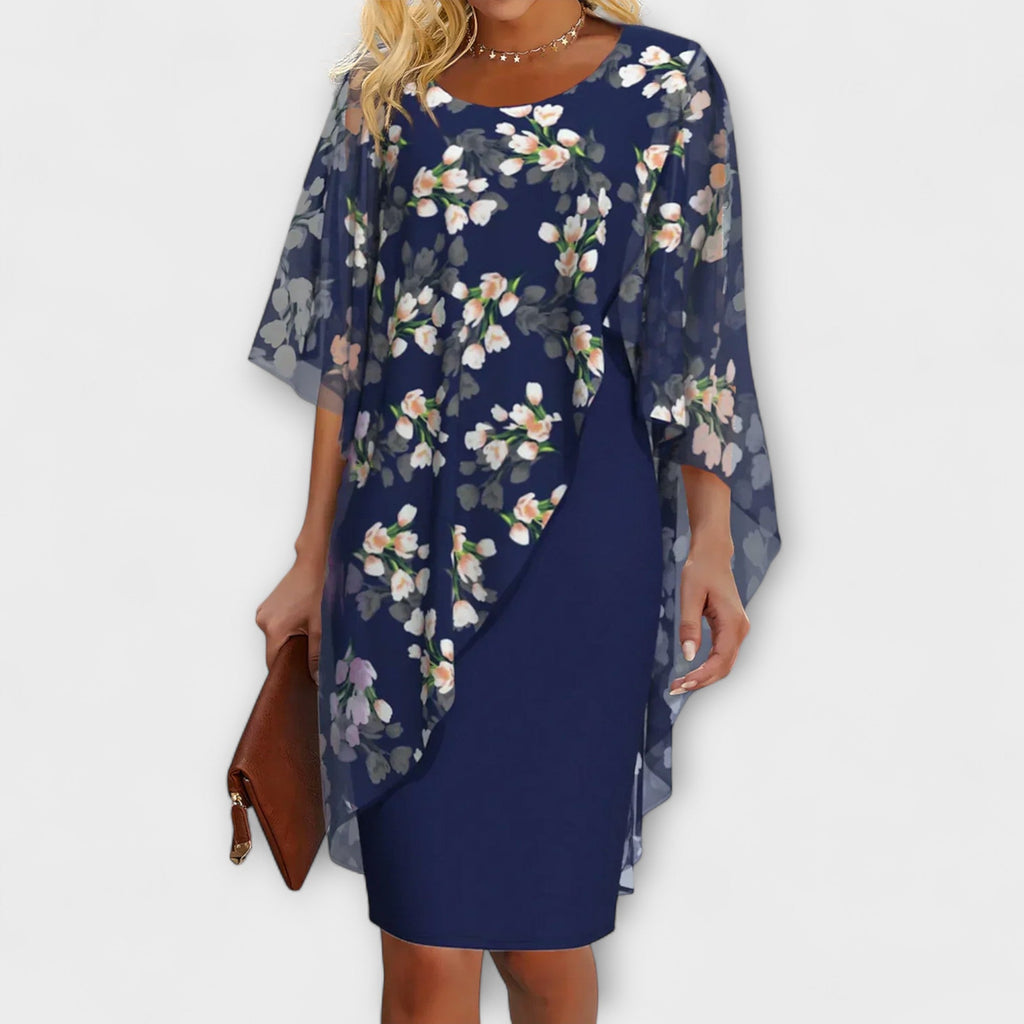 Lyanna - Robe en Mousseline Bleu Foncé à Motif Floral