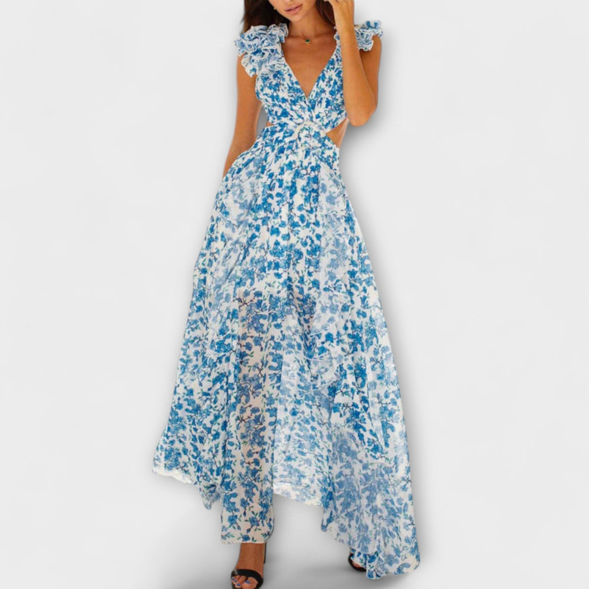 Elin - Robe Longue Rose à Volants et Découpes