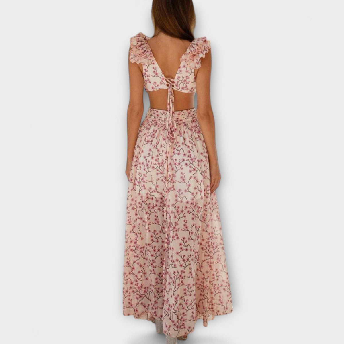 Elin - Robe Longue Rose à Volants et Découpes