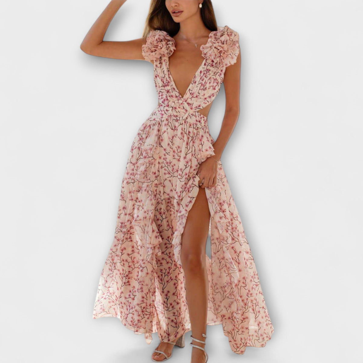 Elin - Robe Longue Rose à Volants et Découpes