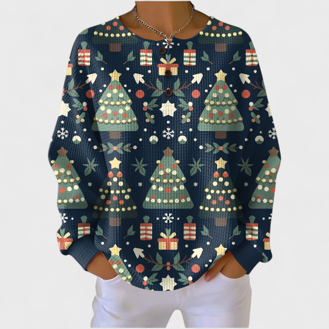 Fanny - Pull Bleu Foncé à Motif Sapin de Noël