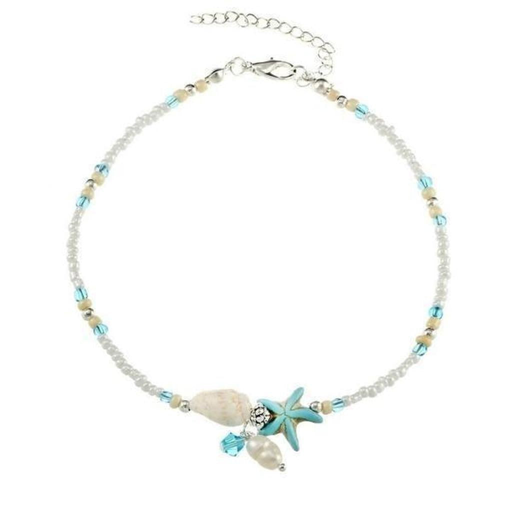 Chaîne de cheville à étoiles, coquillage et pierres naturelles
