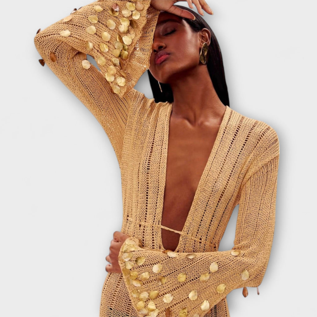 Nova - Robe Longue Tricotée Dorée à Paillettes