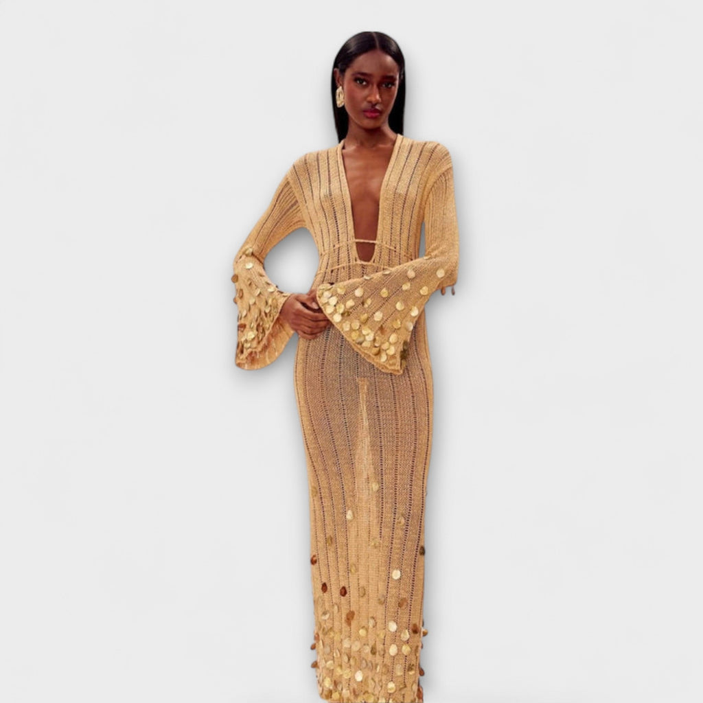 Nova - Robe Longue Tricotée Dorée à Paillettes