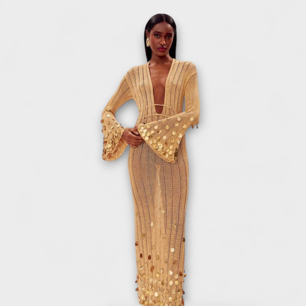 Nova - Robe Longue Tricotée Dorée à Paillettes