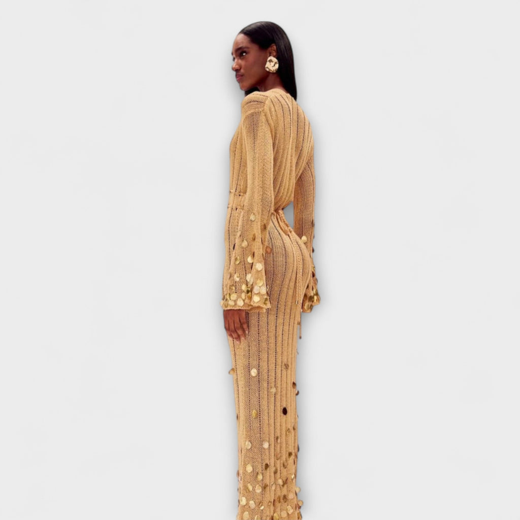Nova - Robe Longue Tricotée Dorée à Paillettes