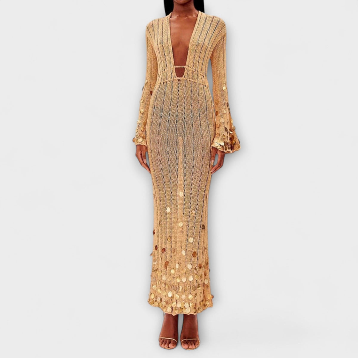 Nova - Robe Longue Tricotée Dorée à Paillettes