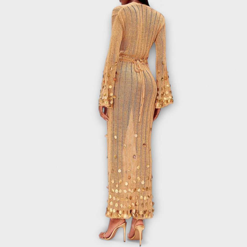 Nova - Robe Longue Tricotée Dorée à Paillettes
